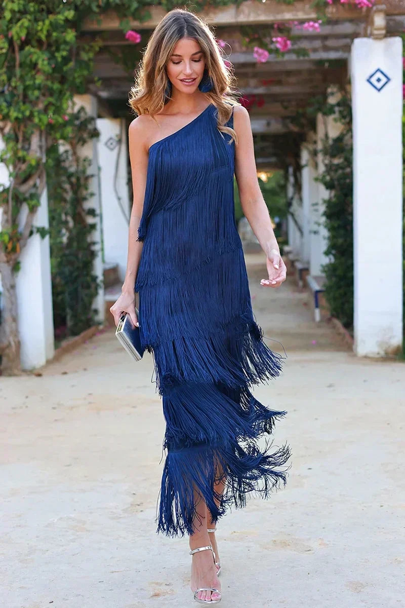 Ein-Schulter Abendkleid mit Fransen Damen – Calenya