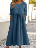 Midikleid Streifen Blau Halbarm Baumwolle Leinen – Elanora