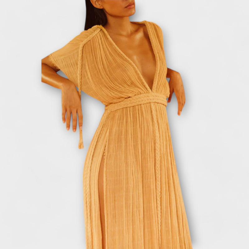 Griechisches Maxikleid mit Wickelstil und Schleife – Calista
