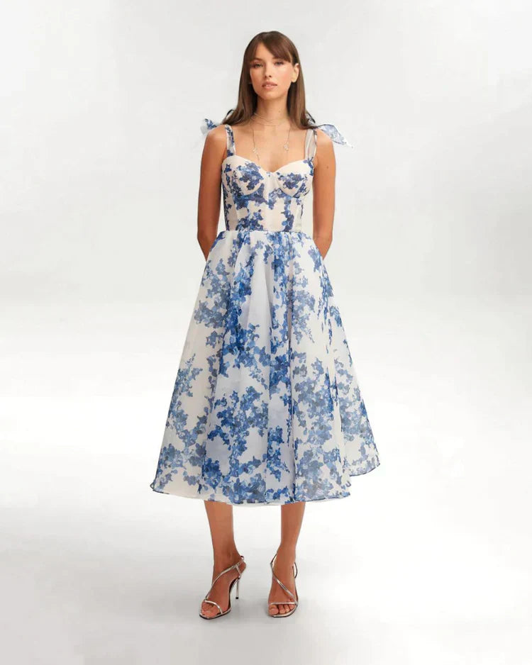 Elegantes Midikleid aus Organza mit Korsett & Blumenmuster – Amalia