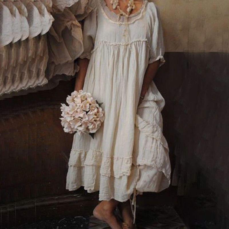 Maxikleid Damen Baumwolle Leinen Rüschen elegant – Fioraya