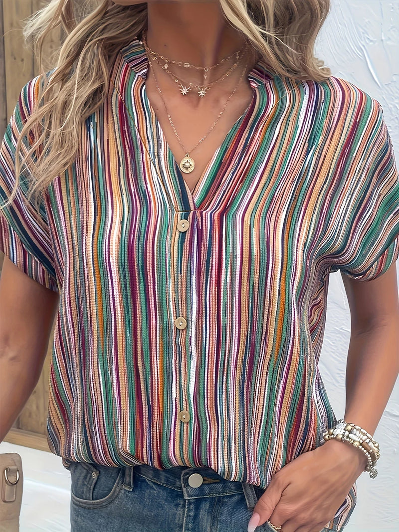 Gestreifte Bluse mit Knöpfen & V-Ausschnitt – Olivia