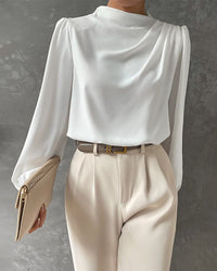 Damen Bluse Elegant Stehkragen Gerüscht Langarm Einfarbig - Emilia