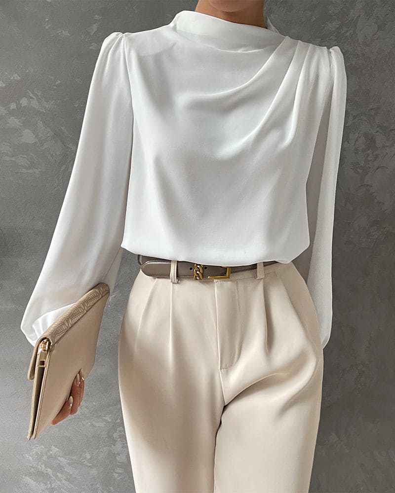 Damen Bluse Elegant Stehkragen Gerüscht Langarm Einfarbig - Emilia