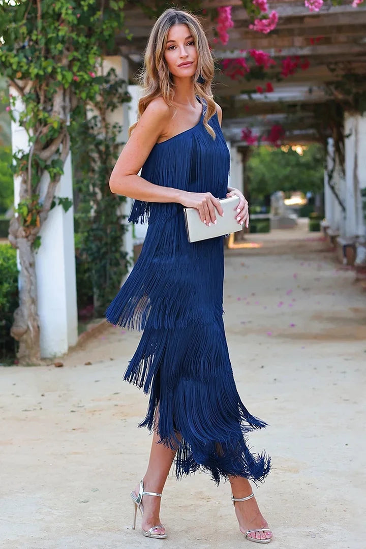 Ein-Schulter Abendkleid mit Fransen Damen – Calenya