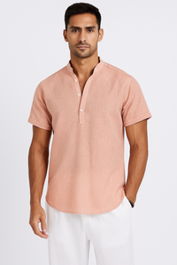 Sommer-Herren-Leinenhemd mit Henley-Kragen – Rovenzo