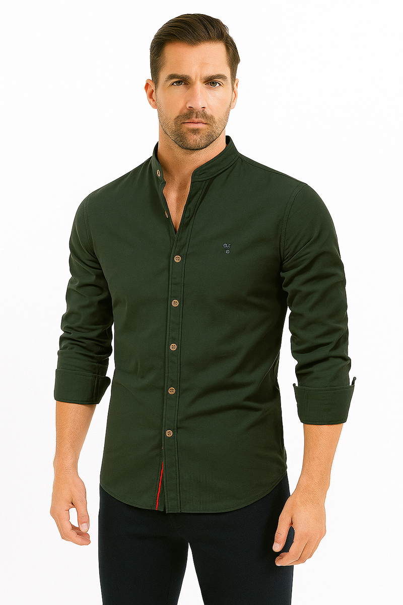 Herren Baumwollhemd Langarm mit Stehkragen & Eleganter Stickerei – Nelvion