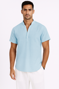 Sommer-Herren-Leinenhemd mit Henley-Kragen – Rovenzo