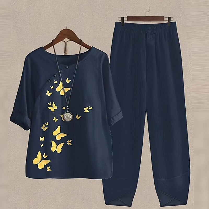 Vintage Damen Sommer Outfit mit Blumendruck, Hohe Taille – Sieglinde