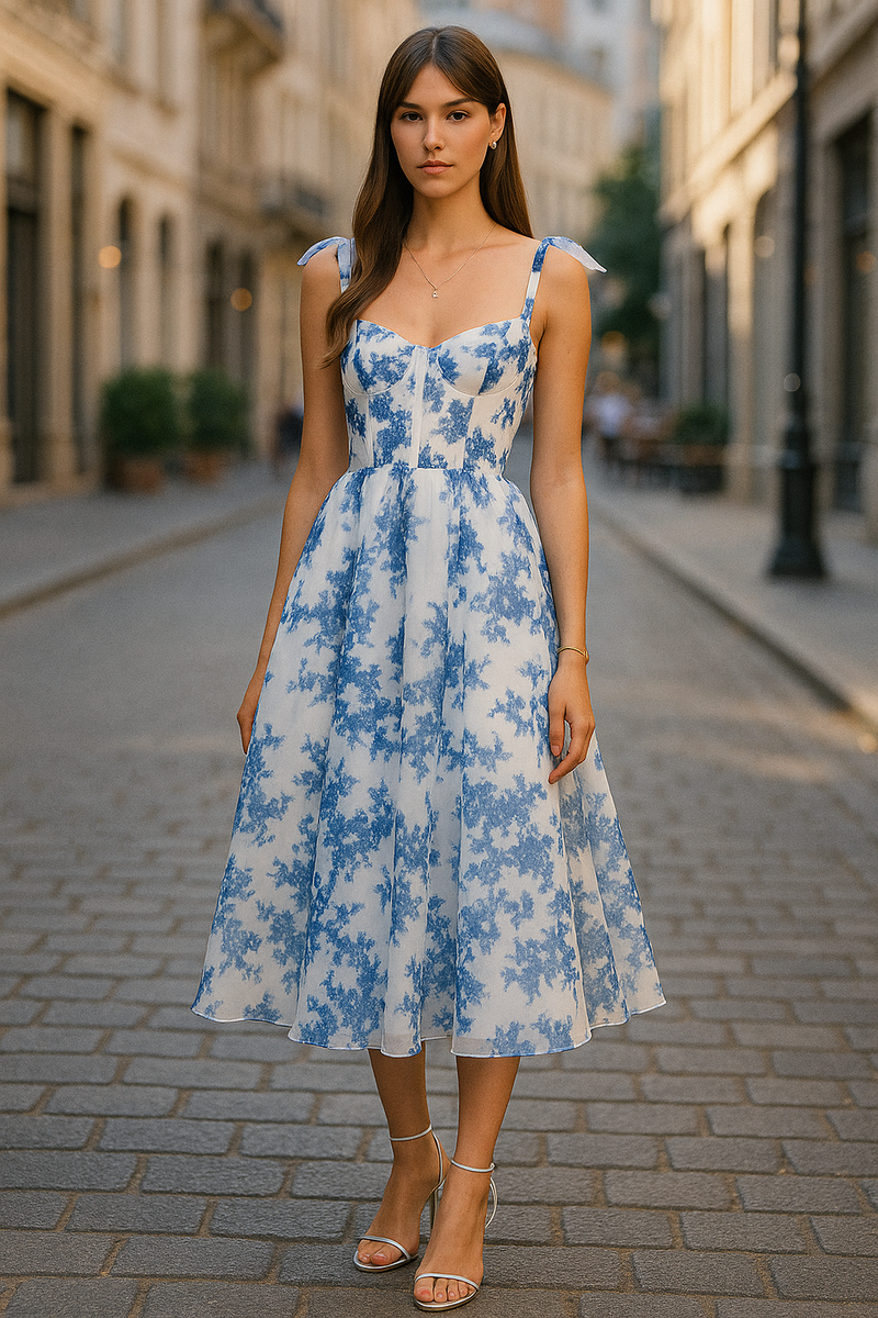 Elegantes Midikleid aus Organza mit Korsett & Blumenmuster – Amalia