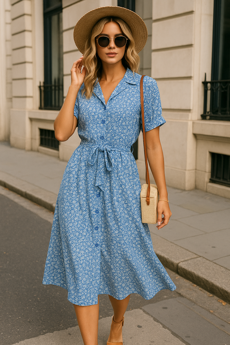 Boho Midi-Kleid mit Knöpfen & Blumenmuster – Elara