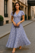 Langes Sommerkleid mit Blumenmuster und kurzen Ärmeln – Marliese