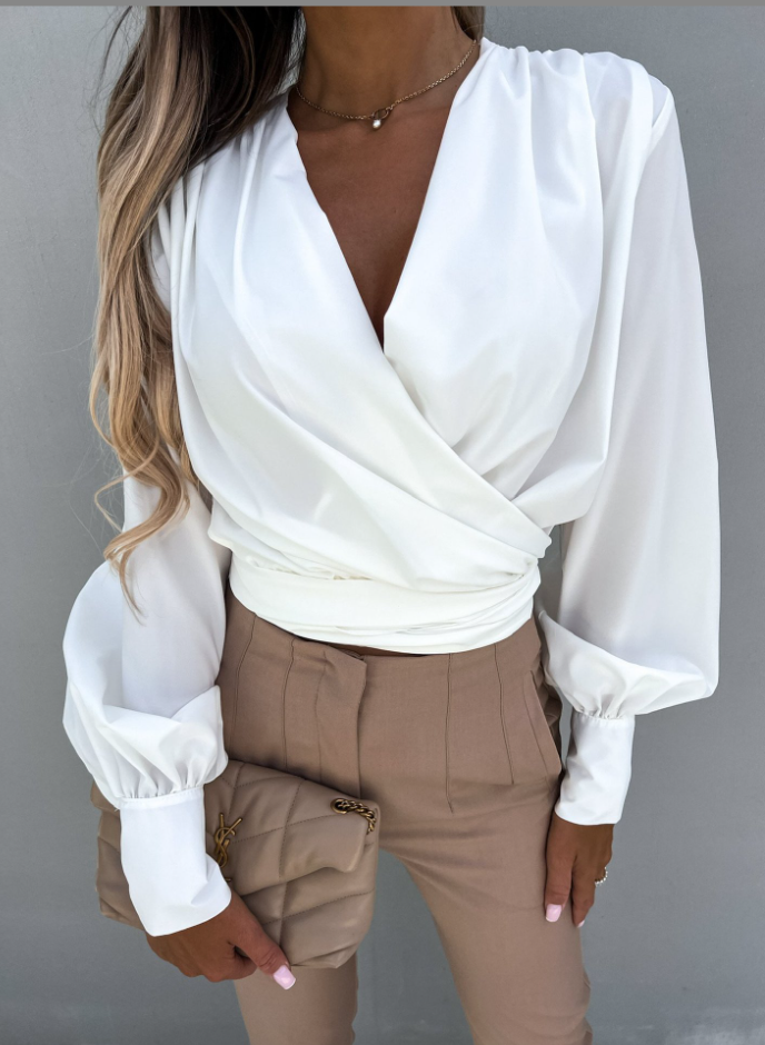 Elegante V-Ausschnitt Bluse mit Puffärmeln - Mireille