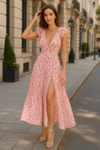 Asymmetrisches Damenkleid mit Blumenprint & Rüschen – Emilia