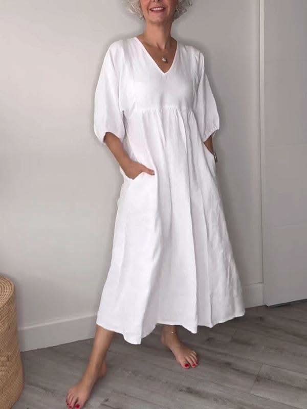 V-Ausschnitt Komfortkleid Damen mit Taschen Look – Selvera