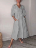 V-Ausschnitt Komfortkleid Damen mit Taschen Look – Selvera