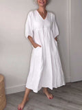 V-Ausschnitt Komfortkleid Damen mit Taschen Look – Selvera