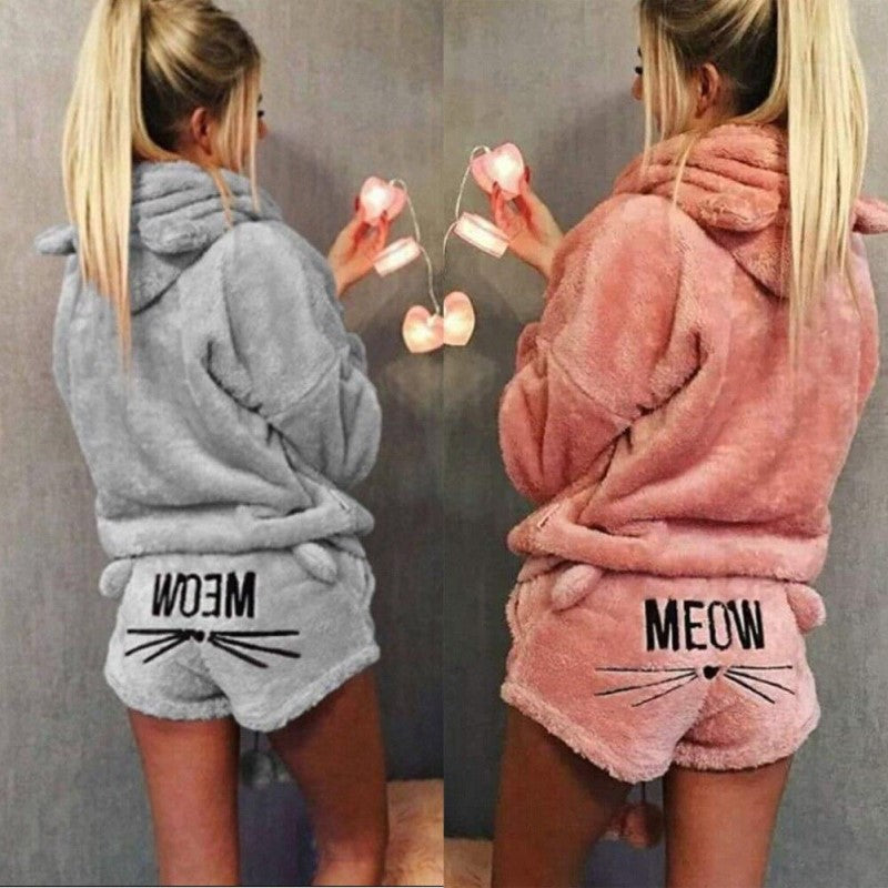 Flauschiges Katzen-Pyjama-Set mit Kapuze für Damen – Meow