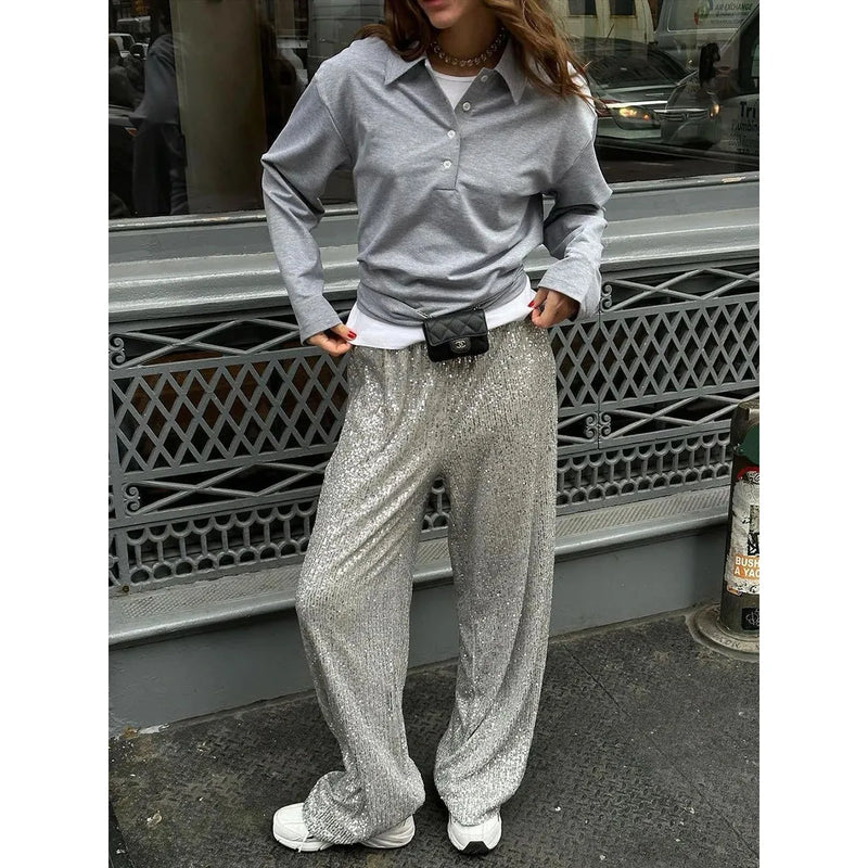 Glitzernde Paillettenhose aus Seide für Damen – Emilia