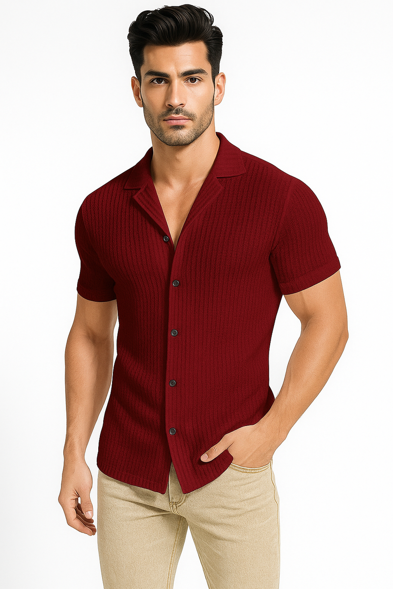 Herren Kurzarm-Sommerhemd Weiß Strick Elegant – Matteo