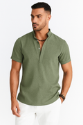 Sommer-Herren-Leinenhemd mit Henley-Kragen – Rovenzo